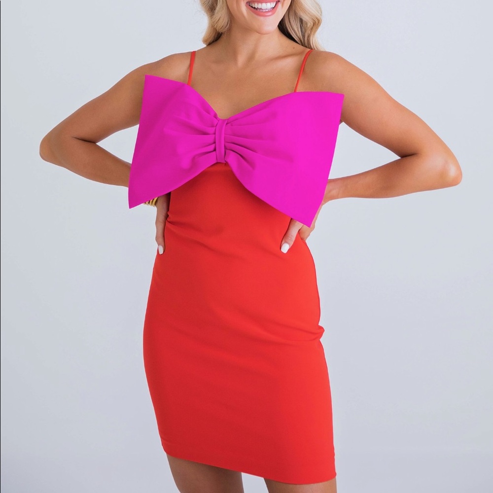 Karlie Hot Pink/ Red Colorblock Bow Dress - size Large